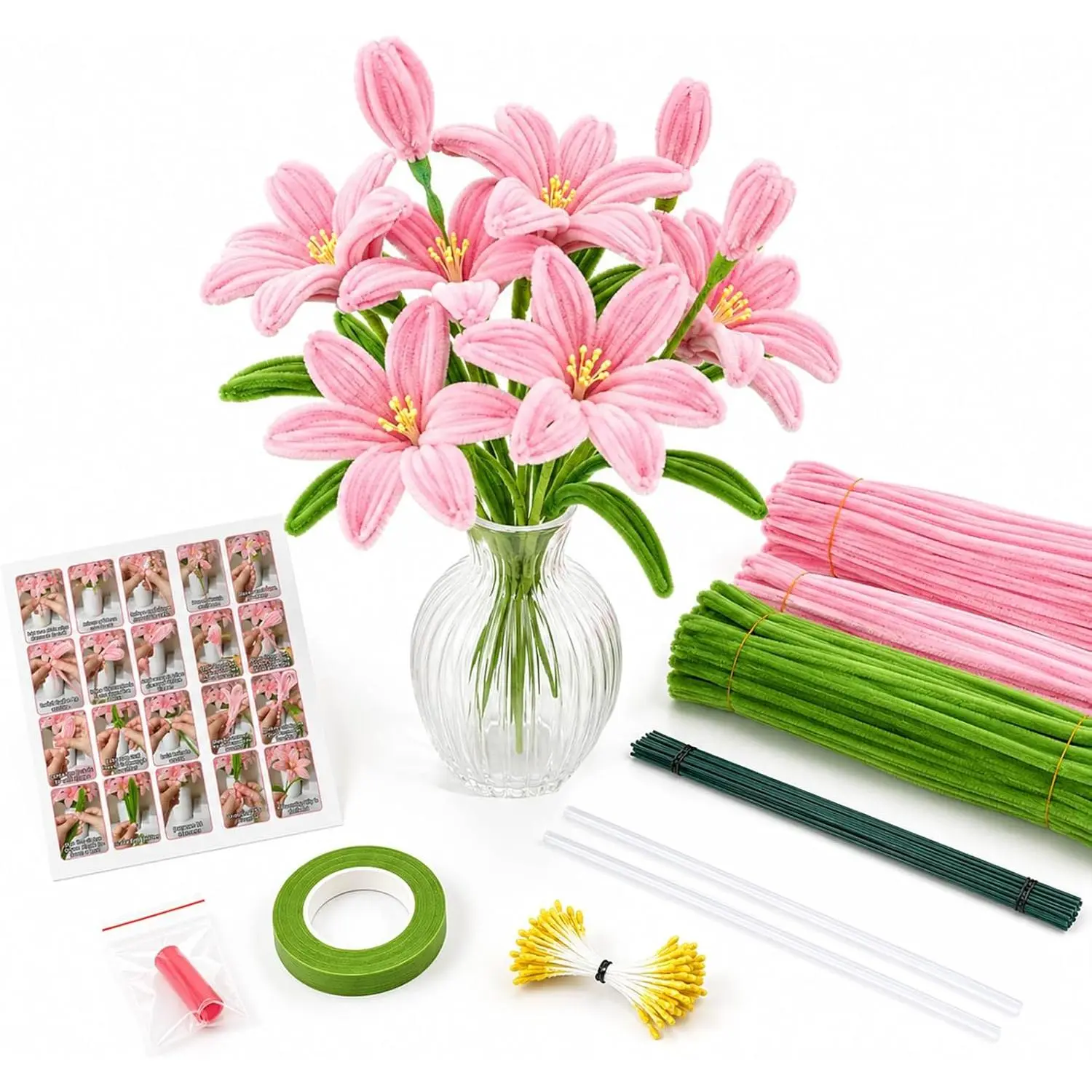 Pipe Cleaners  Kit,  DIY Craft Supplies – Include 200 count Pipe Cleaners, Floral Tape, Stems, Stamens, Glue Sticks,Tutorials for Making Bouquet  for Mother's & Teacher's Day (Type 2)