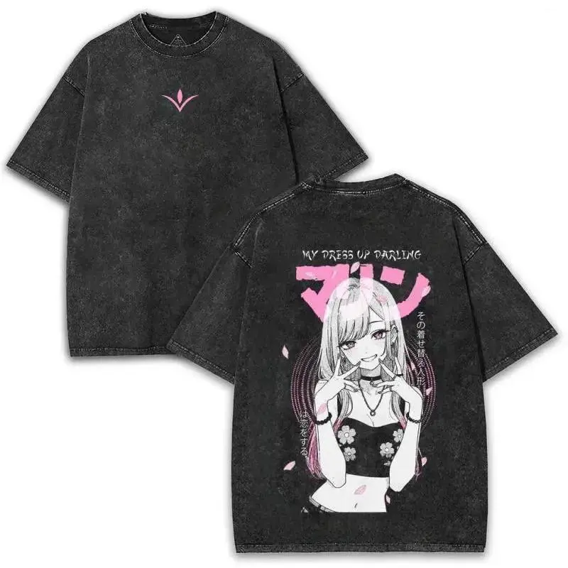 My Dress-Up Darling Marin Kitagawa Menswear Round Neck Oversized Cotton T-Shirt - Washable Unisex Stretch Fabric Top with Pink Sakura Back Anime Print, Hem, Sleeve, All-Season Casual Streetwear for Collectors
