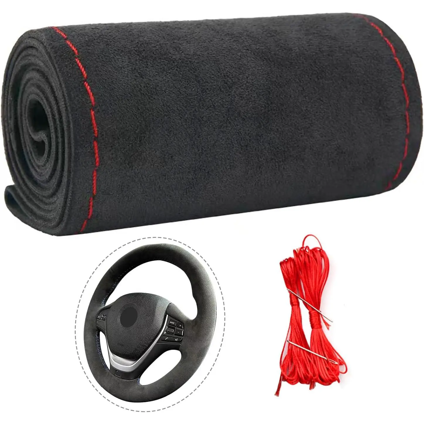 Suede 2-Layer Leather Steering Wheel Cover Wrap Kit - DIY Stitched-On, 14.5-19 in, Superior Sweat Absorption, All Weather Grip, Comfortable, Durable, Custom Sizes, Easy Maintenance, Car Styling for DIY Enthusiasts
