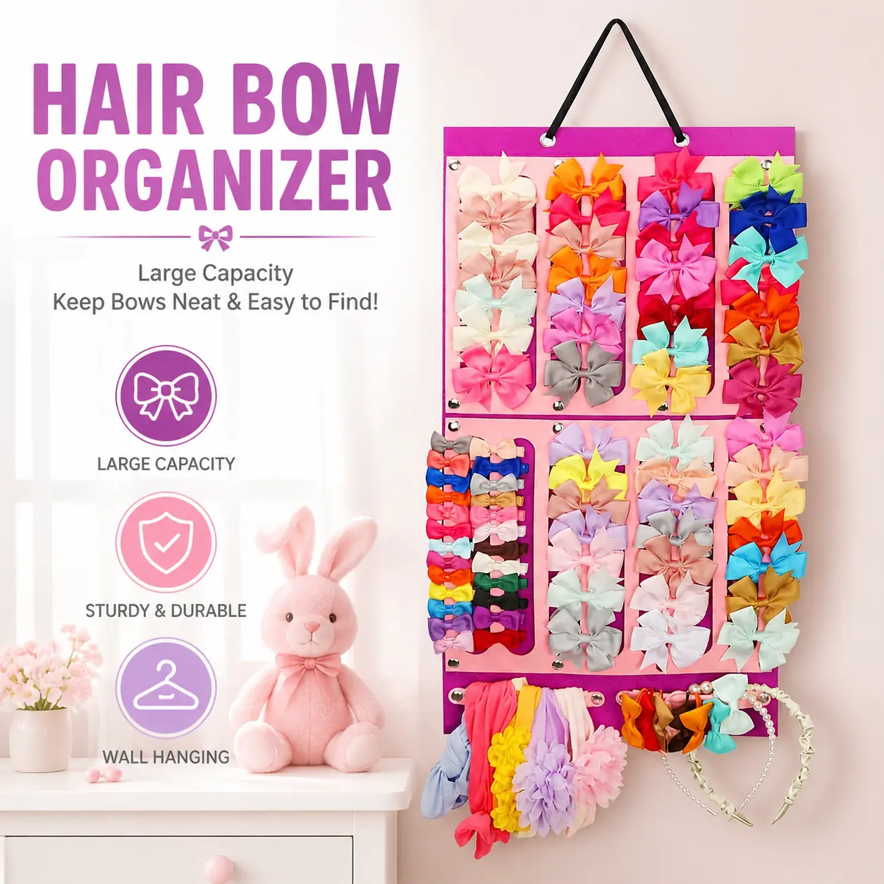 Purple Large-Capacity Hair Bow Holder Organizer - Hangable Wall Decor with Sturdy Rope, Snaps Attach for 16 Cotton Ribbons, Baby Girl Hair Accessory Storage for Room Decor, Girl Room Decor