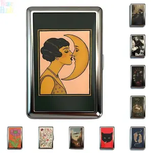 Vintage Art Tin Box, Dual Use Card Holder & Cigarette Stash Case, Unisex Compact Storage Wallet with Secure Snap Closure, Retro Aesthetic Portable Box for Business Cards, ID & Credit Cards, Perfect for Daily Carry, Bar Trips & Beach Vacation