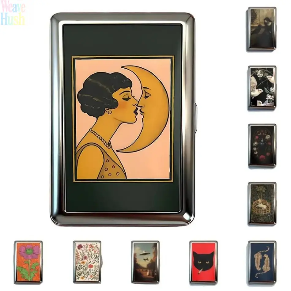 Vintage Art Tin Box, Dual Use Card Holder & Cigarette Stash Case, Unisex Compact Storage Wallet with Secure Snap Closure, Retro Aesthetic Portable Box for Business Cards, ID & Credit Cards, Perfect for Daily Carry, Bar Trips & Beach Vacation