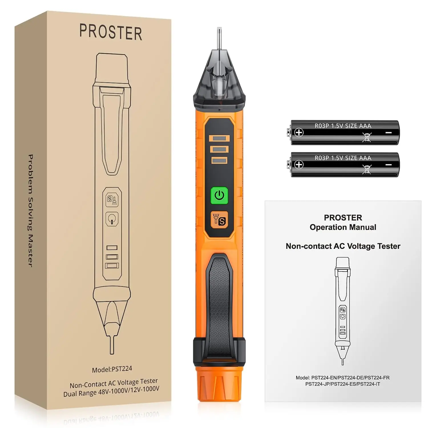 Proster Non Contact Electric Voltage Detector Pen 12-1000V/48-1000V Adjustable 3 Sensitivity Modes with Audible Light Alarm LED Flashlight Auto Shutoff