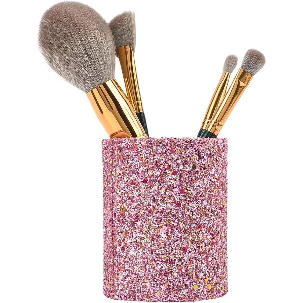 PU Leather Sequin Glitter Makeup Brush Holder  Shiny Bling Pencil Cup Multifunctional Stationery Container Round Leather Luxury Pens Stroage Box Case Desktop Organizer for Desk Office