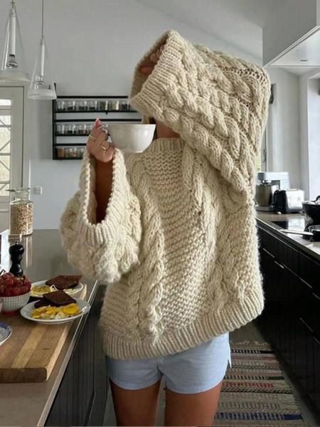 Women's Fashion Design Loose Regular Pullover Sweater, Chunky Knit Cable Style Perfect for Autumn & Winter, Stylish Women's Knitwear