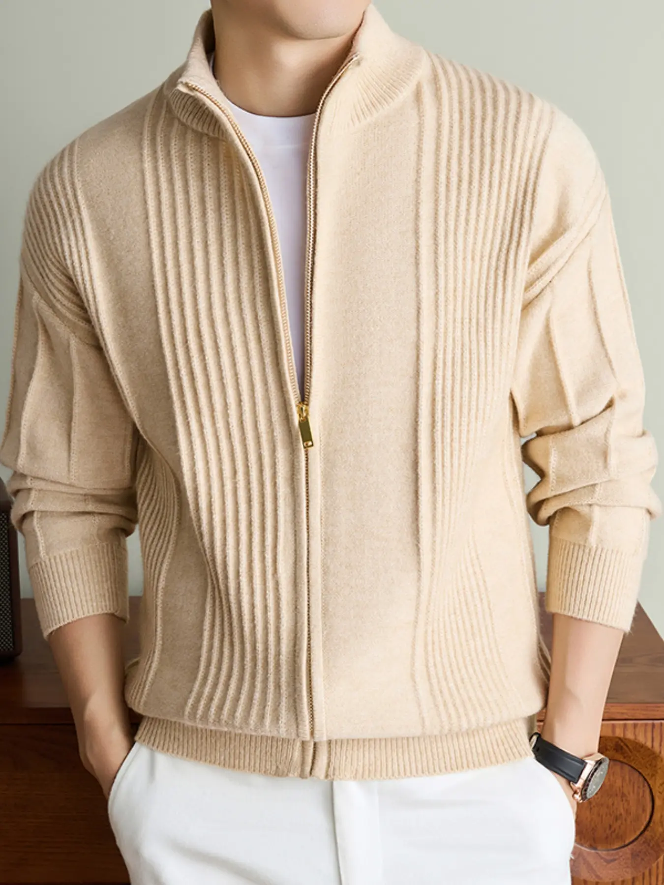 Men's Vertical Stripe Zipper Long Sleeve Knit Sweater, Fashionable Comfort Design, Ideal for Daily Wear, Fall & Winter Essential