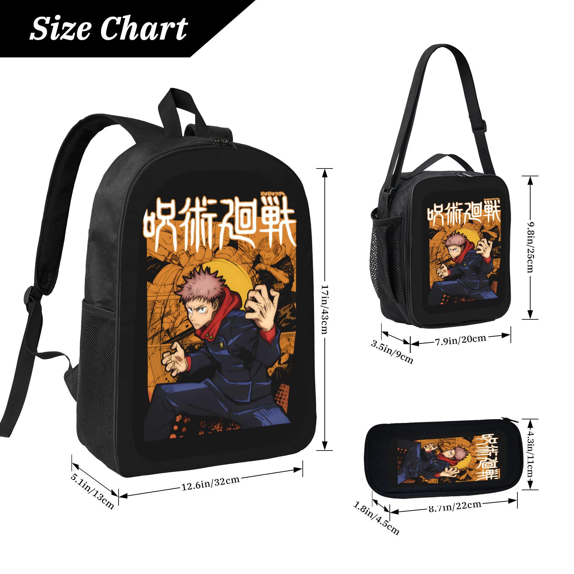 Anime Jujutsu Kaisen Itadori Yuji Print 3PCS Backpack Set with Lunch Box Pencil Case Cool Casual School Backpack Lightweight Travel Daypack for Kids Teens Anime Fans Gift Back to School Trendy TikTok Backpack Bundle Comfortable Shoulder Strap