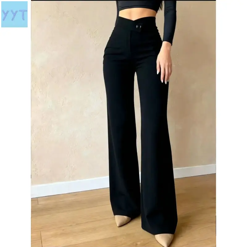 YYT1 Women's Black High-Waisted Wide-Leg Mopping Suit Pants - Minimalist Basic Office Clothes, Slim Fit, All Seasons, Commuting Business Formal Attire with Waisted Drape, Multi-Size