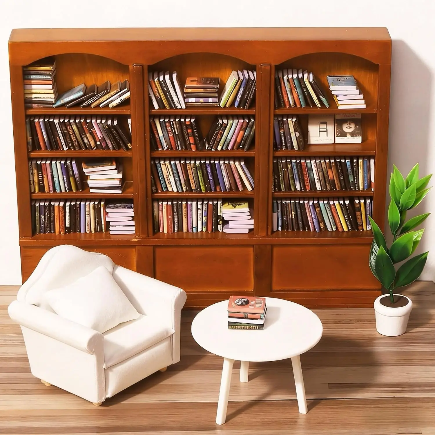 Mini Bookshelf with 240pcs Mini Books Sofa Desk Plant Miniature Anxiety Bookshelf Ornament Tiny Small Library Decor Shake Away Your Anxiety for Book Lovers Gift Home Room Office