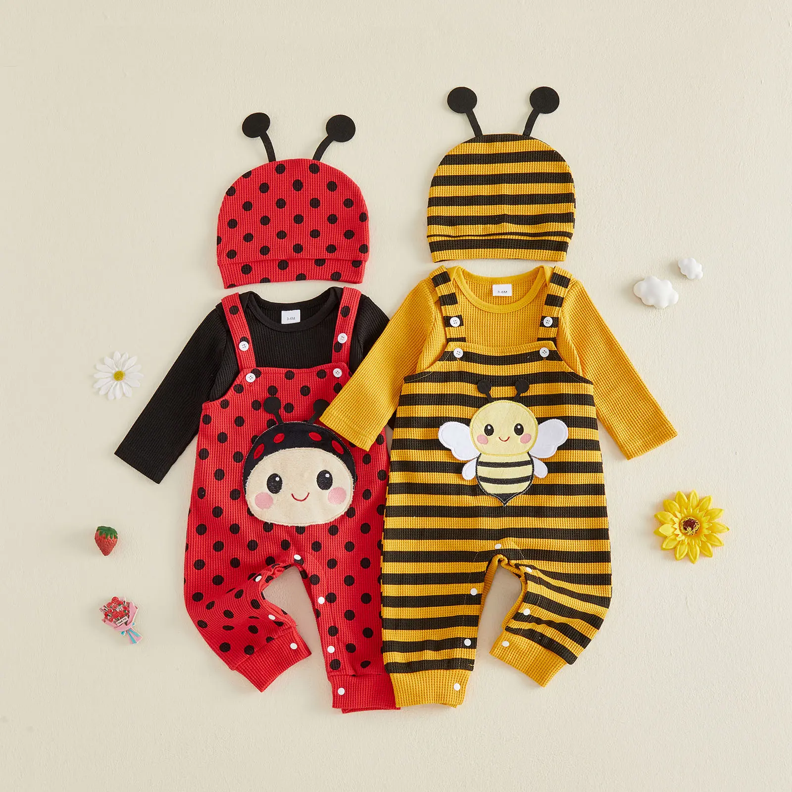 REDWOON Infant Baby Boys Halloween Outfits Long Sleeve Romper and Suspender Pants Hat Set Newborn Bee/Ladybug Cosplay Costume 0-18 Months