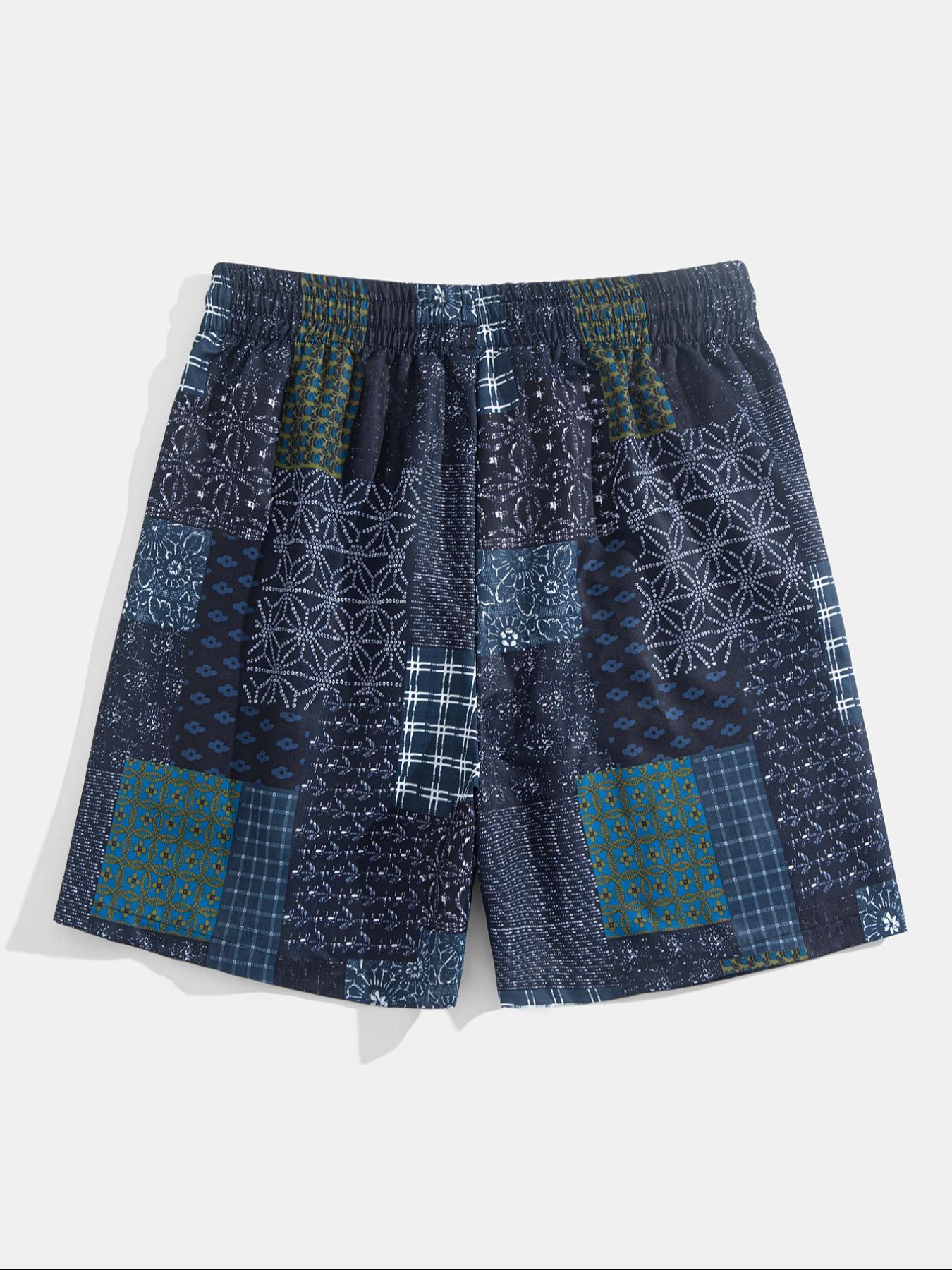 Men's Patchwork Print Shorts, Casual Streetwear Shorts, Casual Comfy Loose Fit Drawstring Shorts for Summer, Men's Bottoms for Beach Vacation