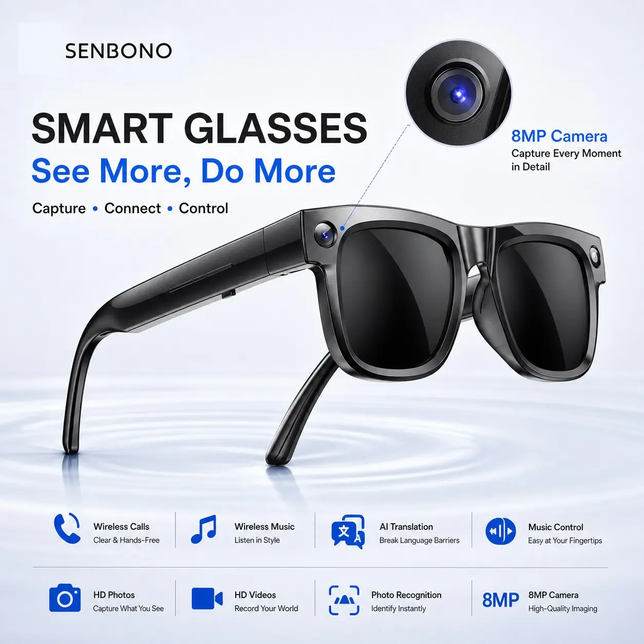 SENBONO AI Outdoor Smart Glasses 8MP Camera and Software Stabilization,Support Offline Capture and Sync After Reconnect, Magnetic Charging with 290mAh Battery for Cycling Camping Hiking POV Recording