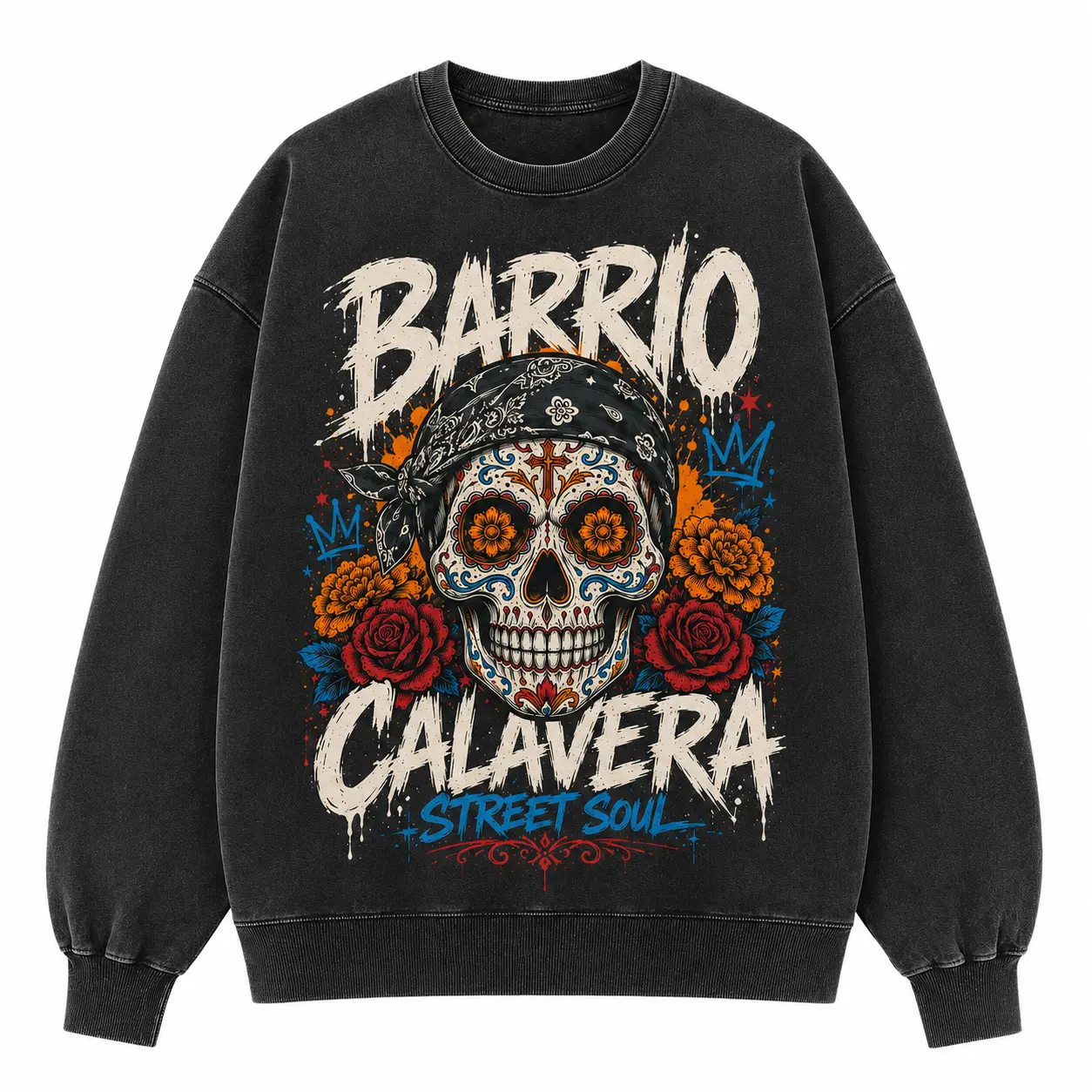 Sugar Skull Street Soul Washed Sweatshirt for Men Women, Black Crew Neck Long Sleeve Pullover, Floral Calavera Graphic Gothic Casual Top, Size S-5XL