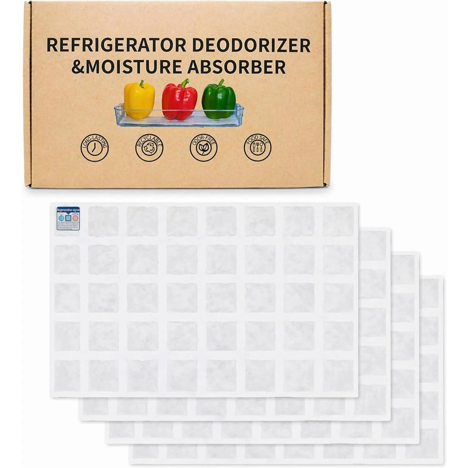 Rechargeable Refrigerator Deodorizer, Unscented Fridge Deodorizer & Moisture Absorber, Odor Eliminator for Fridge & Freezer, Long-Lasting Cut-to-Fit Fridge Shelf Liner (11.8×19.3 in, 4 Pack)