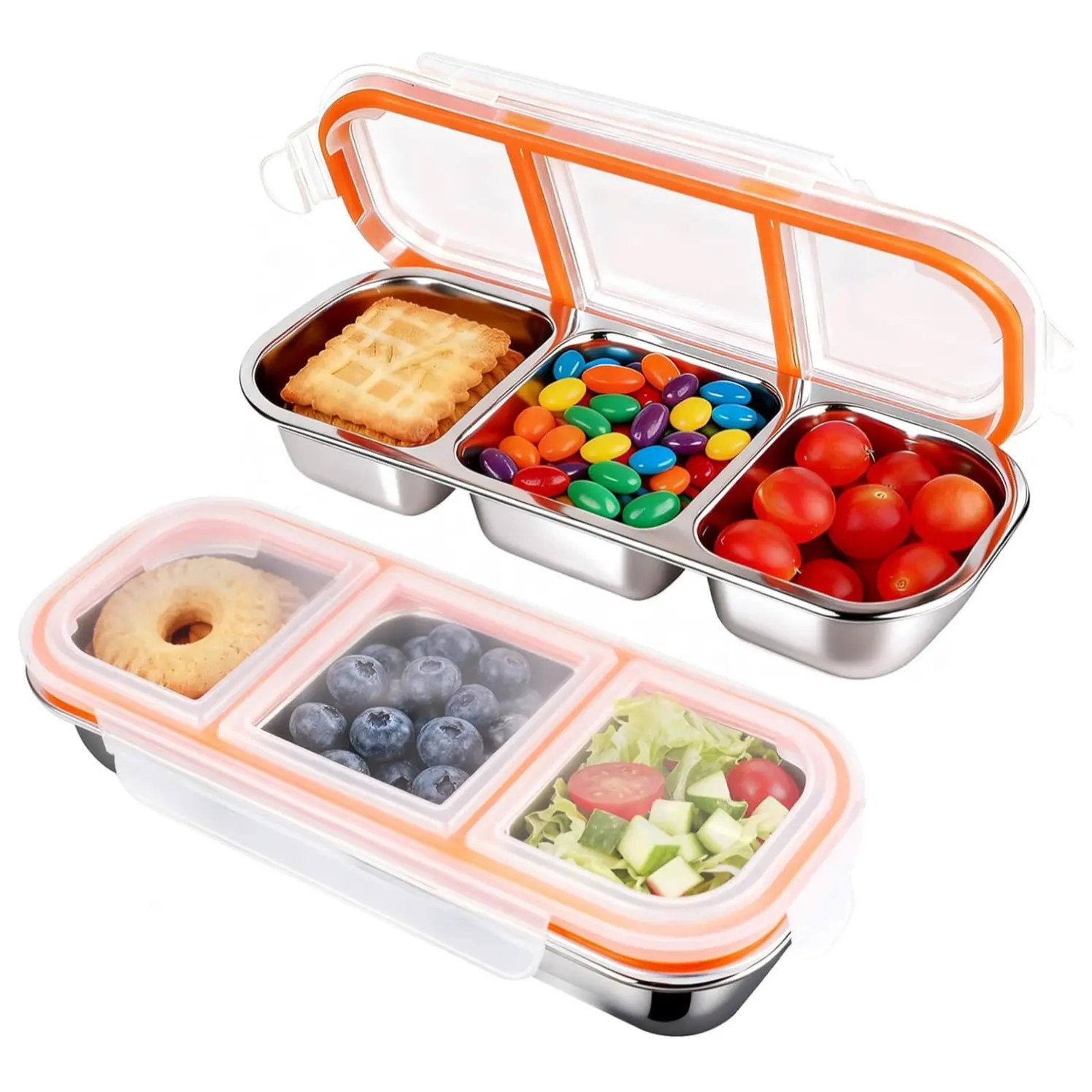 Snack Container, 3-Compartment Leak-Proof Snack Organizer, Reusable, with A Sealed Lid. Perfect as A Lidded Snack Tray, Condiment Holder, Portion Control Container, Food Storage Box, or for Travel and Meal Prep.