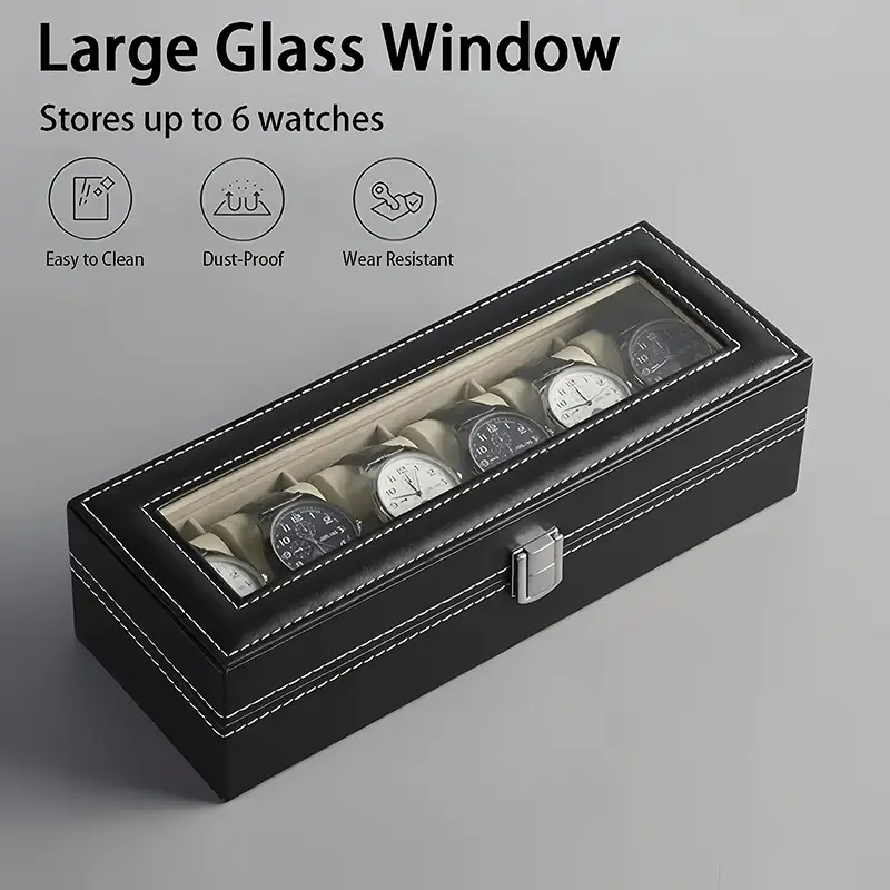 6-Slot Faux Leather Watch Storage Box, Cream Interior, Travel Watch Display Case, Secure Watch Slot, Elegant Watch Cabinet, Holiday Gift