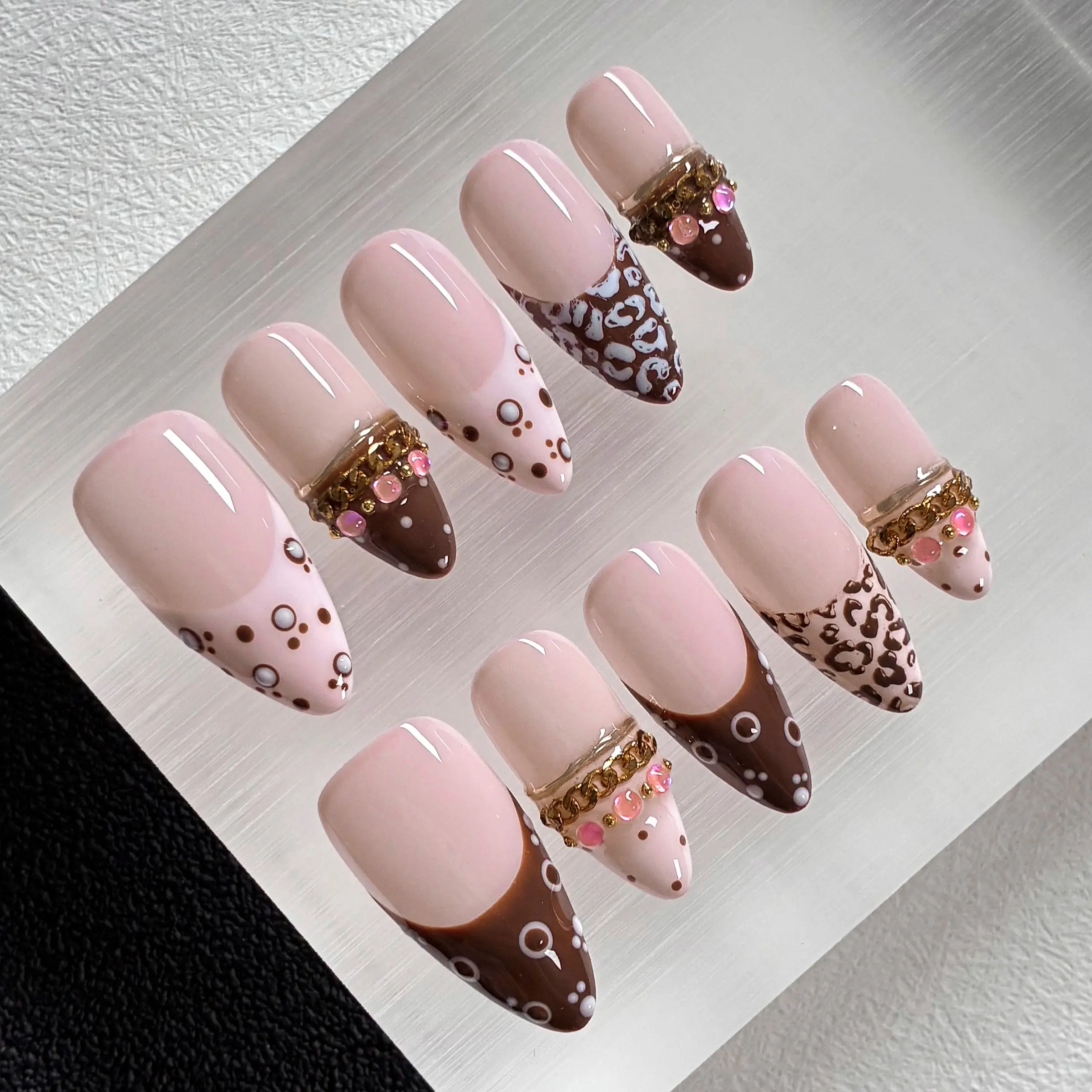 Blush Leopard Press On Nails, Medium Almond, 10pcs Handmade glossy nails with luxury designs including sheer blush nude base, coffee brown tip, polka dot print, gold chain pink rhinestone ornaments, reusable fake nails, Handmade Press Ons