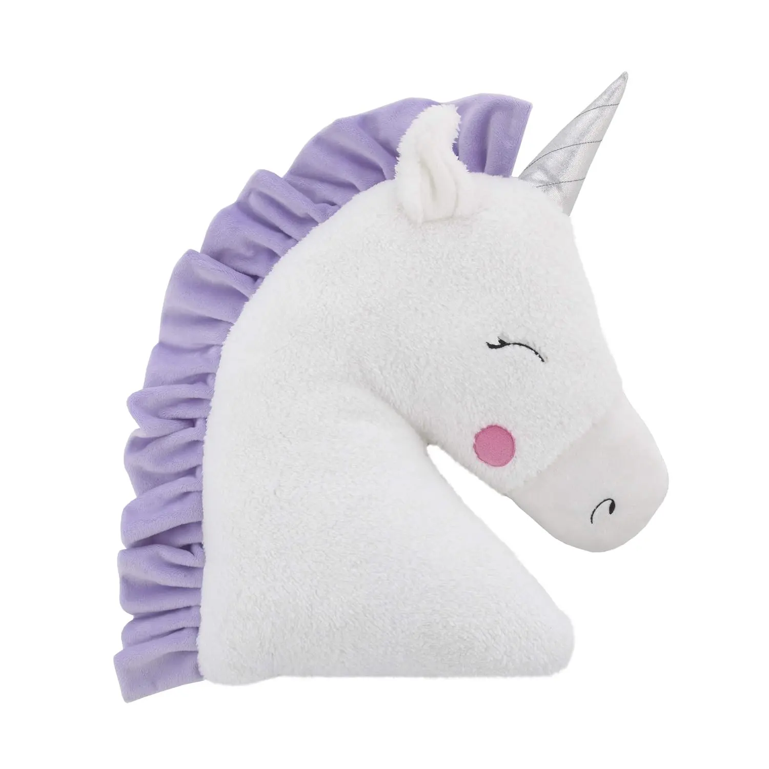 Unicorn-Shaped Plush Look Sherpa Fabric Decorative Pillow, 1 Pack, Available in White, Lilac, Silver, Lavender