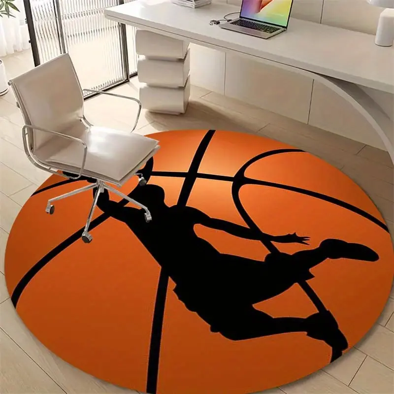 High-quality Flannel, Durable Construction. Round Floor Mat with a Dynamic Orange Basketball Hoop Pattern - Non-slip, Machine Washable. Suitable for Living Rooms, Bedrooms, or Pet-friendly Furniture. The Perfect Gift for Sports Fans, Home Decor Floor