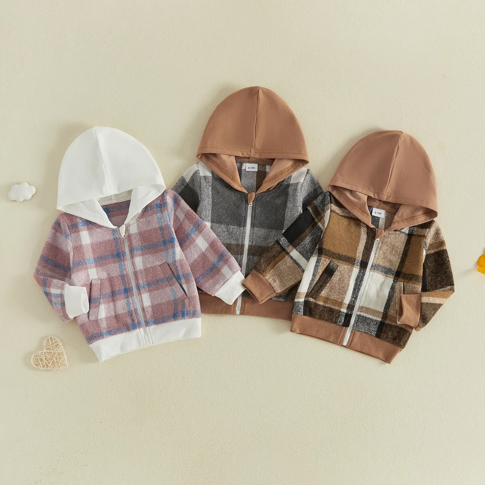 Kids Boy Jacket 1-5Y Plaid Hooded Long Sleeve Zip-up Hoodies with Pockets Casual Toddler Coats for Winter Fall