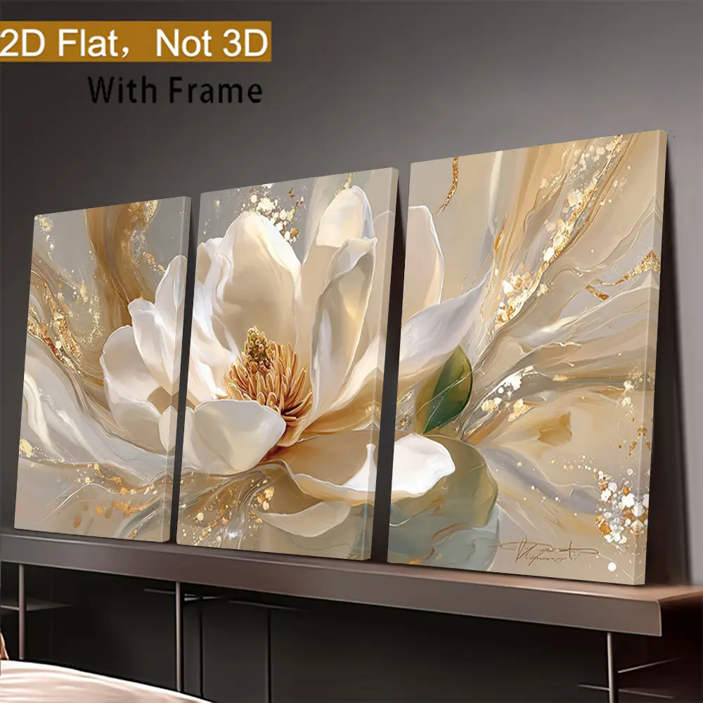 2D Flat,3-Piece Canvas Wall Art, Luxury Golden Foil White Magnolia Flower Print,  Wooden inner frame, For Living Room Decor, Thanksgiving Gift,Chocolate,athlete,art poster,Santa,apartment,inspirational,stylish,Vintage