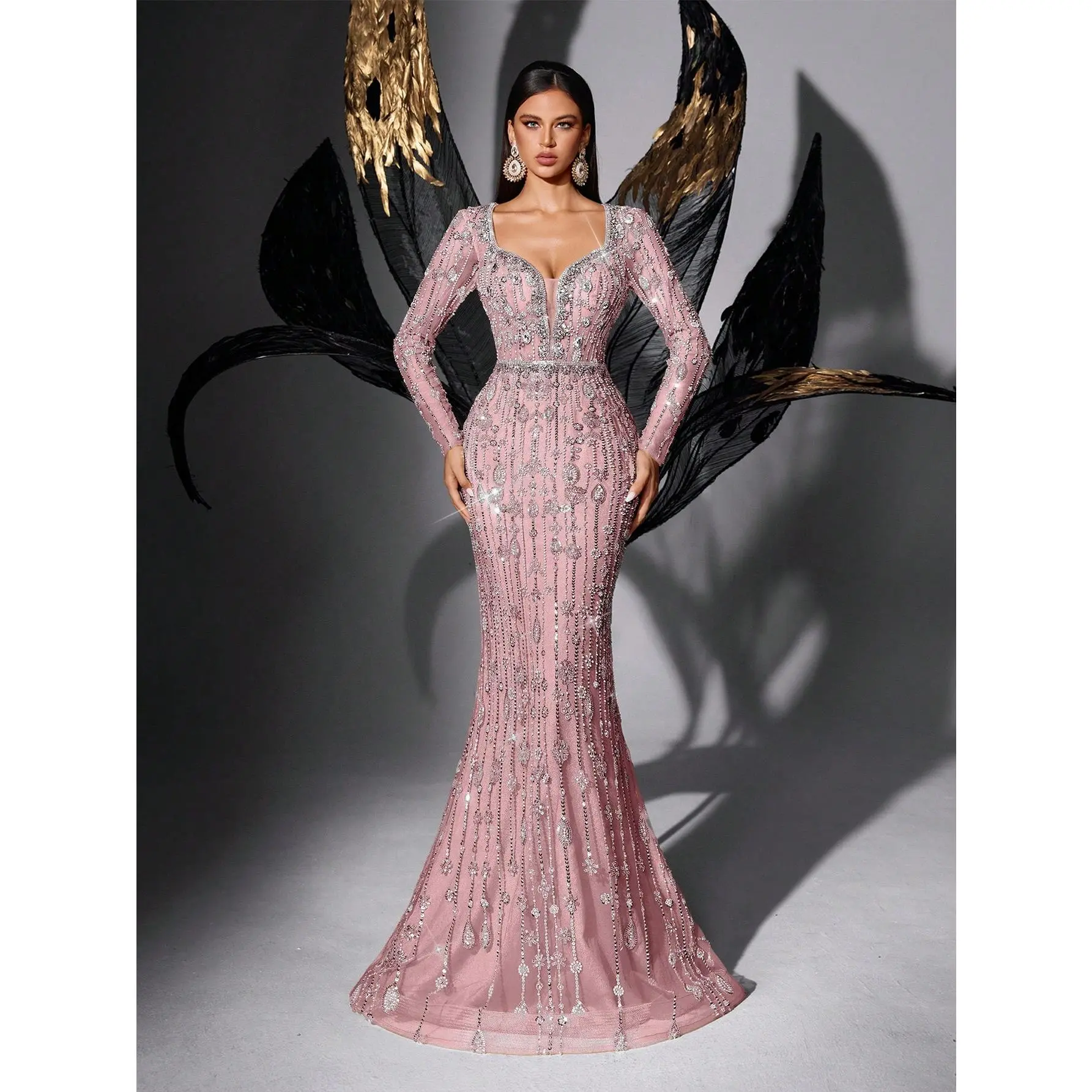 Sparkling Full-Sequin Deep V Long Sleeve Mermaid Evening Gown Elegant Design for Weddings & Galas Mermaid Silhouette