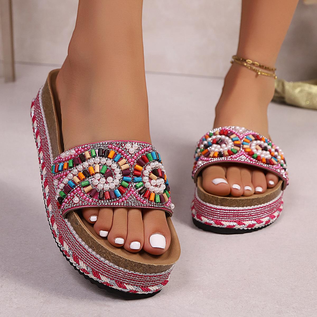 Women's Platform Sandals Summer Beach Slides with Pearl Embellished Cork Wedge Soft Sole Slippers Large Size Comfort Outdoor Shoes Ethnic Style Fashion Footwear for Women