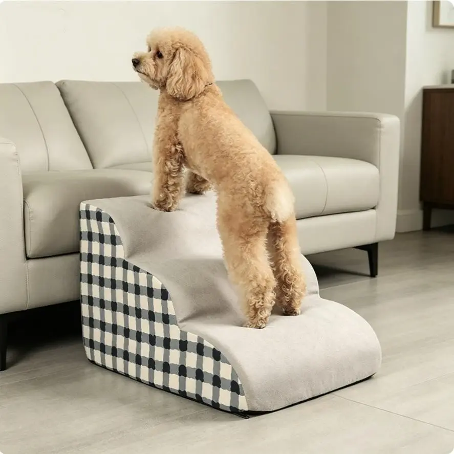 Pet Ramp and Stairs for Senior Dogs, Non-Slip High-Density Foam Steps, Soft Plush Fabric, Ideal for Small to Medium Dogs and Cats