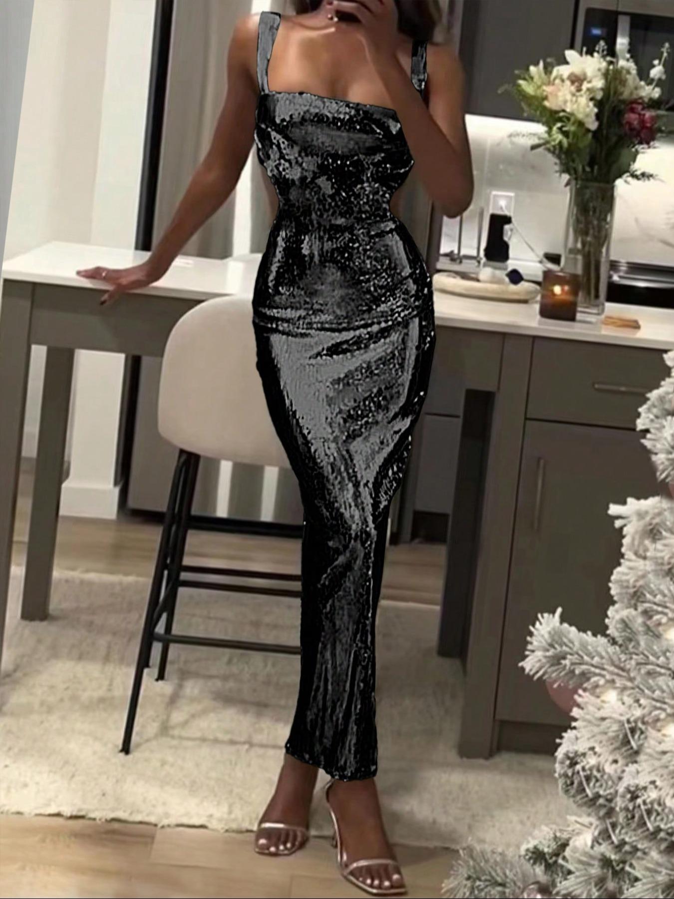 Women's Glitter Sequins Evening Dress, Elegant Sleeveless Evening Party Gown, Ladies Clothes for All Seasons, Formal Wear, Womenswear, Chic Elegant Fit, Chic Elegant Fitted