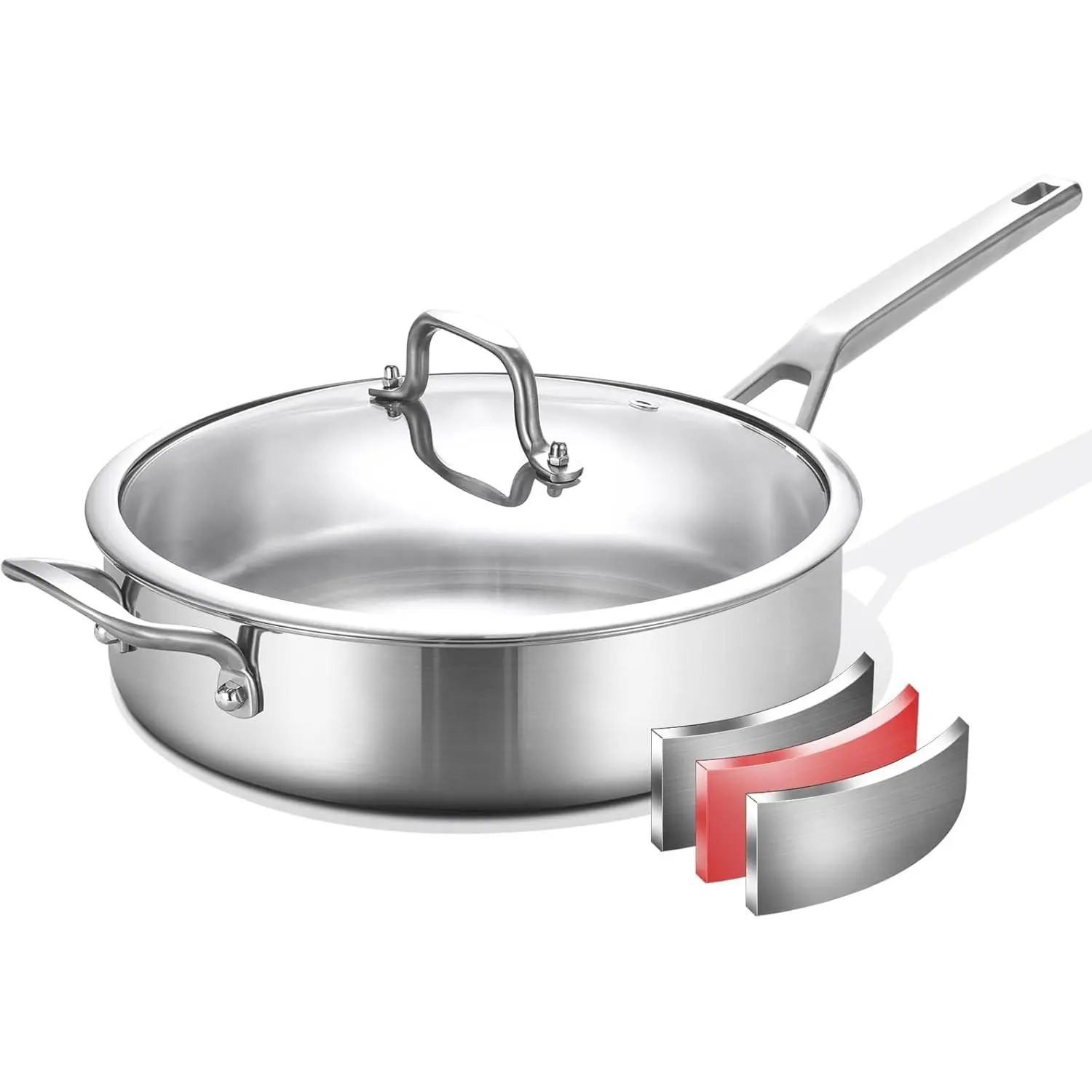 Tri-Ply Stainless Steel 7 Quarts 12 Inch Deep Saute Pan with Lid, 3-layer Large Frying Pan Skillet with Stay Cool Handle, Induction Pan Works on All Cooktops