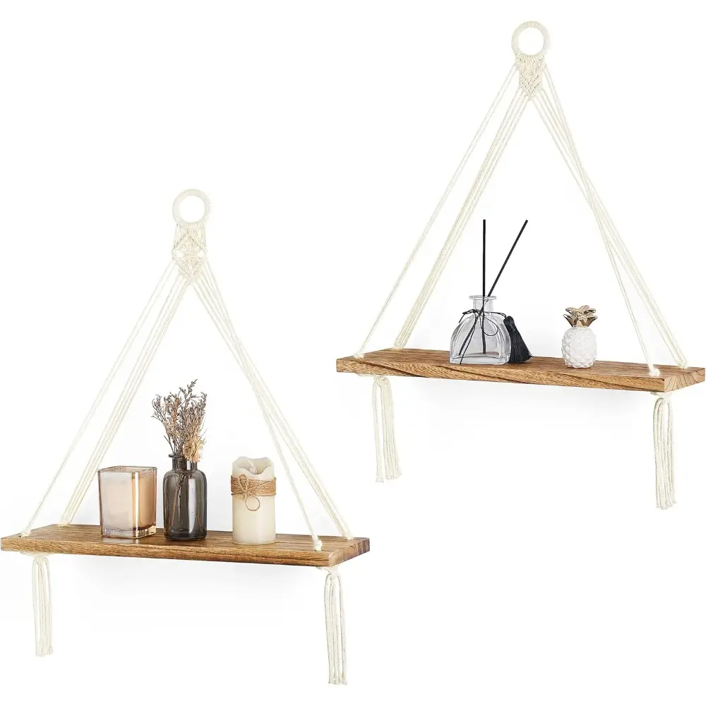 1pc Macrame Wall Hanging Shelf, Boho Wooden Display Floating Shelves for Wall Decor with Handmade Woven Rope, Farmhouse Rustic Plant Shelf for Bedroom Dorm Nursery Living Room Bathroom