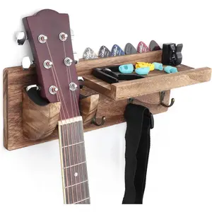 Guitar Wall Mount Hanger with Shelf, Guitar Holder Wall with Pick Holder and 3 Hooks, Guitar Stand Wall for Acoustic, Electric, Bass, Ukulele, Carbonized Black [U.S. ]