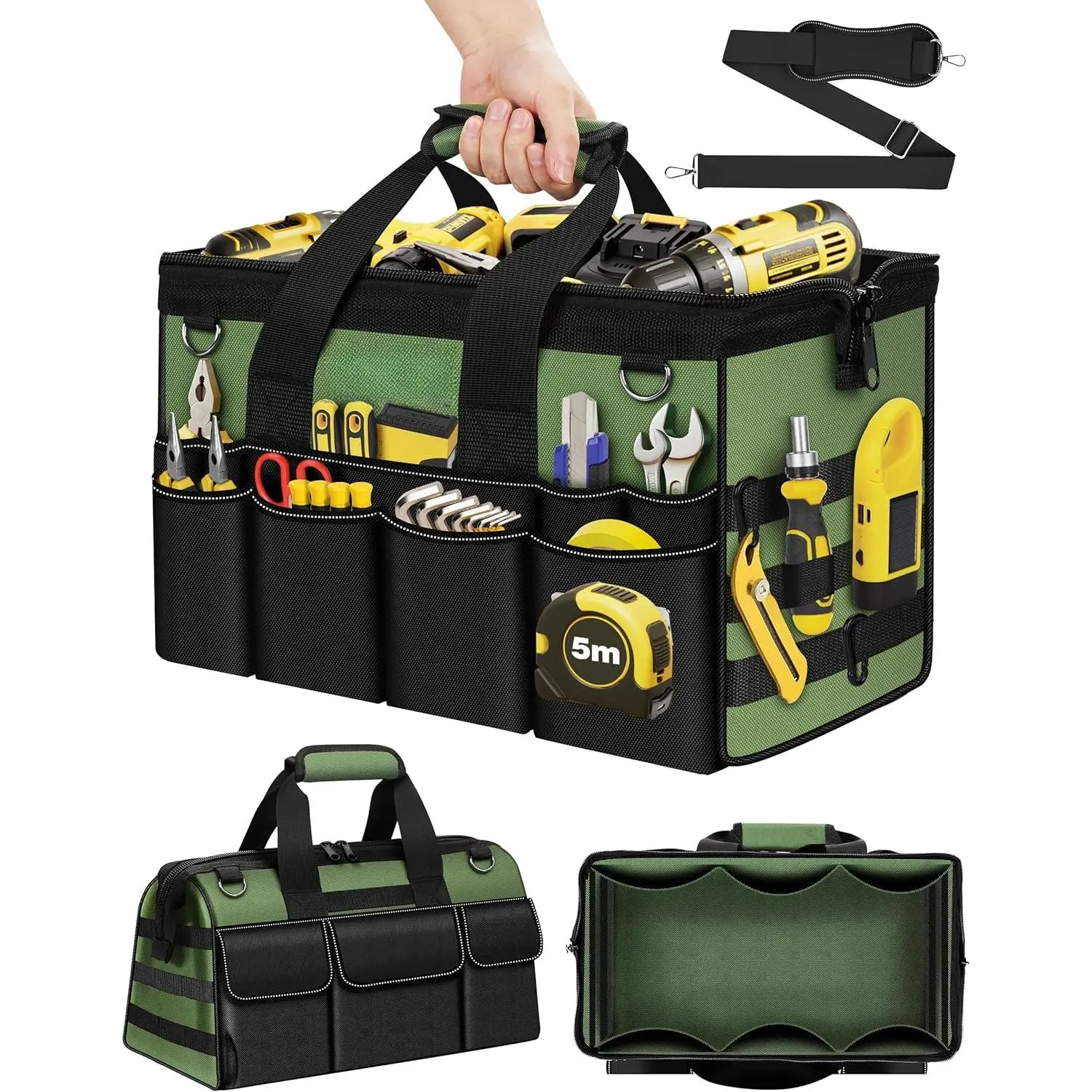 16-Inch Rectangular Heavy Duty Multi-Compartment Tool Bag, 19-Pockets Portable Organizer W/Soft Handle Wide Mouth, Tools for Mechanics, Green (No Warning Applicable), Organized Storage