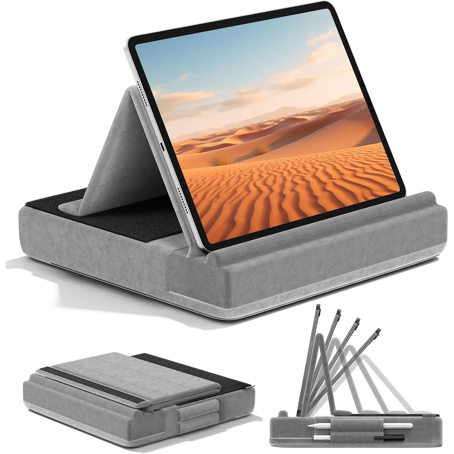 Tablet Pillow Stand, Multi-Angle Viewing Ipad Holder for Lap, Bed and Desk, Foldable Soft Pad Dock with Stylus Mount Compatible with Ipad Pro 12.9, 10.5, 11, Air, Mini, Phones, Books, E-Reader