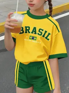 Tween Girl Casual Comfortable & Brazil Letter Print Short Sleeve T-Shirt and Shorts Set, All Seasons, Fitted Suit, Graphic Print Set