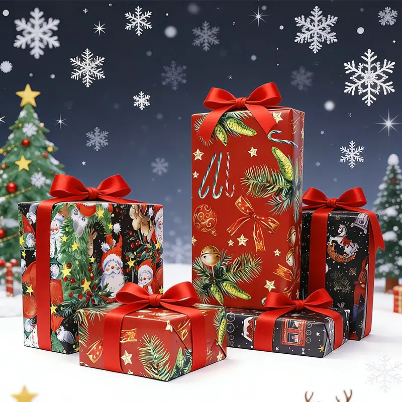 Christmas Santa Snowman Bell Snow House Roll Gift Wrapping Paper, Holiday Party Packaging, 16.93*118.11 Inch