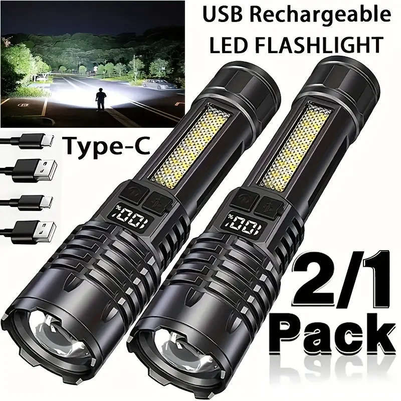 Rechargeable Flashlight 2/1 Pack, High Lumen Ultra Bright LED, 5 Modes Zoomable with LCD Digital Display, Durable ABS Handheld Flashlight, Perfect for Camping, Hiking, Fishing and Emergency Use