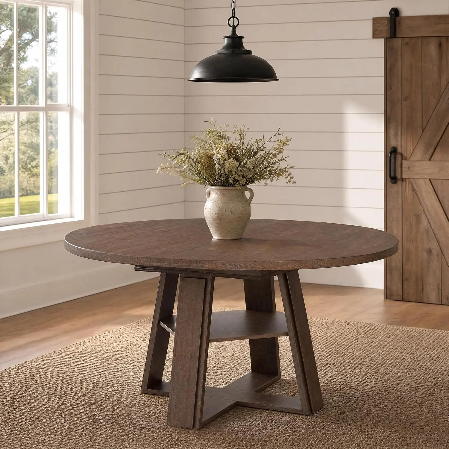 43.3 Inch - 59.06 Inch Extendable Dining Table for 4-8, Expandable Round/Oval Kitchen Table with Thick Tabletop&Pedestal Base and Storage Space for Space Saving for Apartment