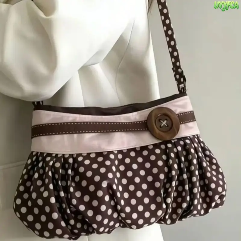 Women's Retro Polka Dot Shoulder Bag, Chic Hobo-Style Purse with Oversized Button, Soft Lightweight Foldable Fabric, Cute Everyday Accessory, City Bag, Bags tiktokshopbacktoschool,back to school,back to school haul