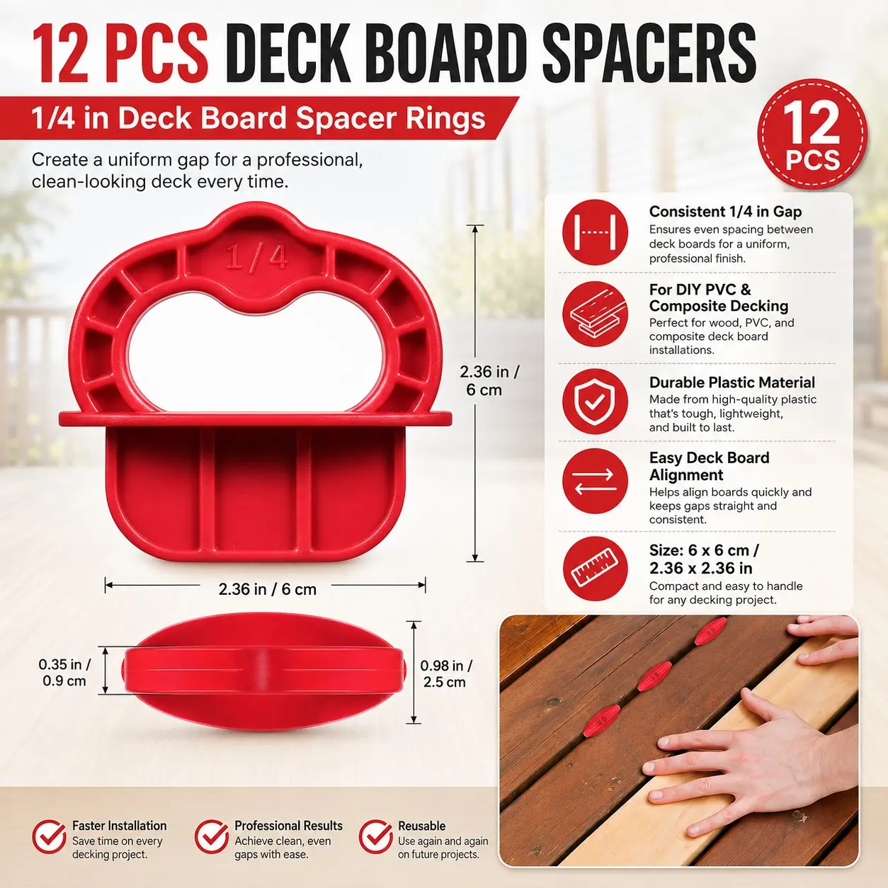 12 Pcs Deck Board Spacer 1/4 Inch | Premium Plastic Decking Shims Rings | Universal Layout Alignment Decor Tool for Composite & PVC Boards (6x6CM) | Hand Tools