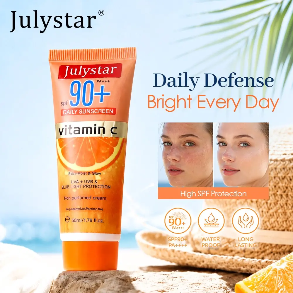 JULYSTAR Vitamin C Sunscreen for Oily Skin SPF 90, Natural Glow Face Sunscreen, Lightweight, Non-Sticky, No White Cast, Hydrating, Beach Essentials, Summer Travel Essentials, Daily Hydrating Fluid Face Moisturizer, 1.69 fl. oz