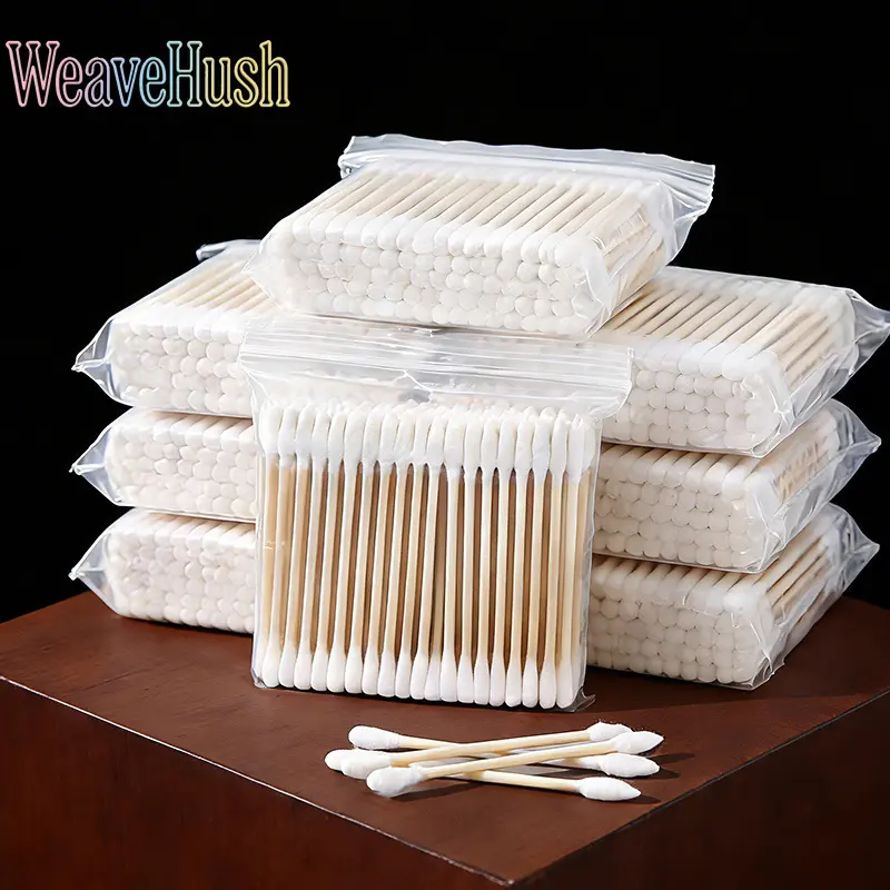 Cotton swabs Tipped and round 200 cotton swabs Disposable cosmetic cotton swabs Bamboo wooden swabs Cotton swabs Double-ended bagged cotton swabs