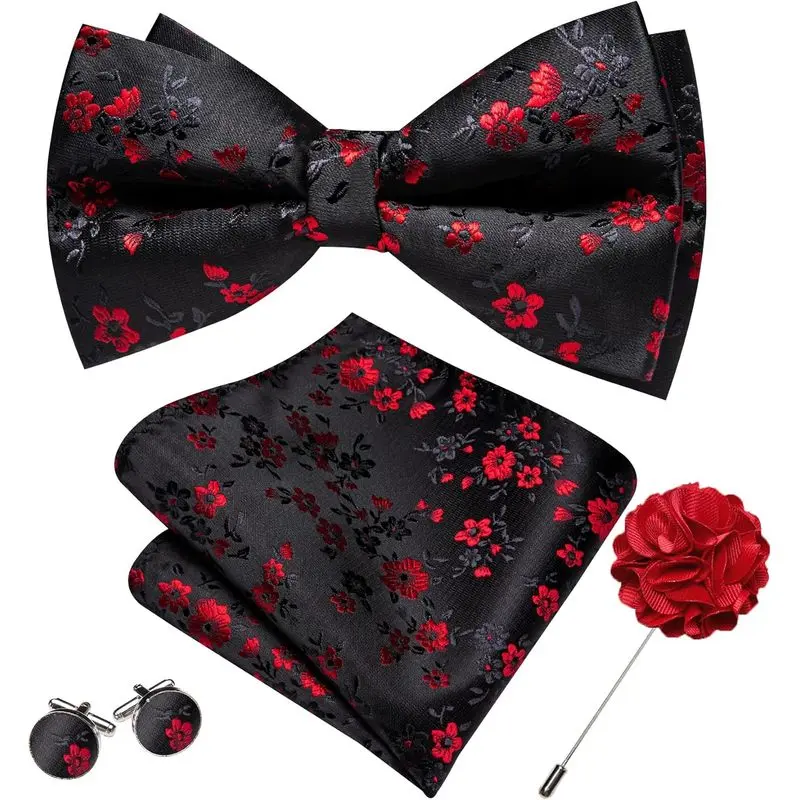 Red Black Bow Ties for Men Floral Silk Pre-Tied Bowtie Pocket Square Cufflinks Lapel Pin Set Formal Wedding Party Prom