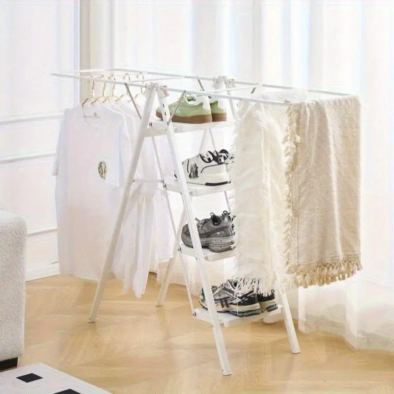 3-step/4-step Folding Ladder, with a Load Capacity of 600 Pounds, Can Also Be Instantly Converted into a Clothes Drying Rack / Foldable Metal Clothes Drying Rack. Made of Lightweight Metal Material, Suitable for Home, Kitchen and Outdoor Use. (White)Laund