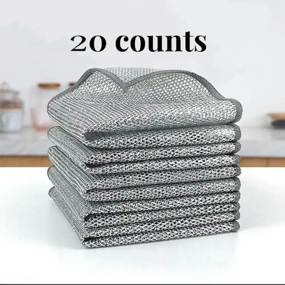 20 Counts Single Layer Non-Scratch Wire Dishcloths, Silver Multipurpose Cleaning Cloths, Reusable Washable & Disposable for Kitchen Sinks & Pans Dish Towel Cleaningcloth