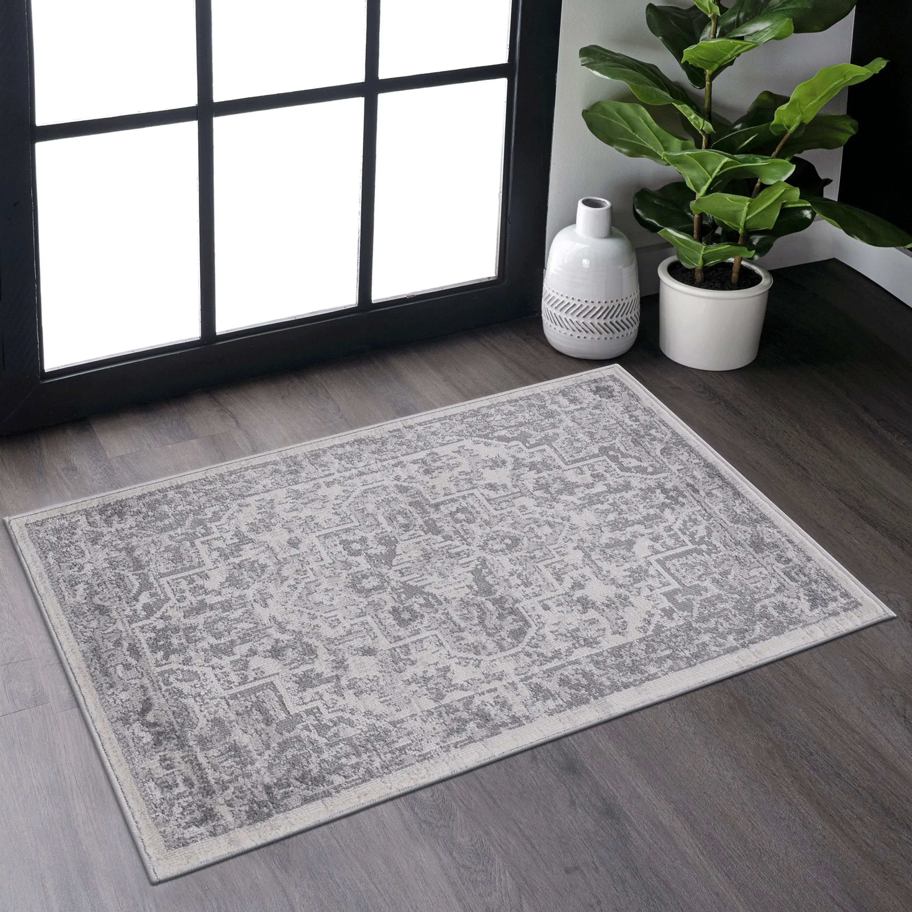Nokaa 2x3 Silver Oriental Doormat Rug Modern Contemporary Non-Shedding Easy Clean Low-Pile Floor Mat for Living Room Bedroom Dining Entryway Indoor Use 36x24 Inch, Home Furniture and Household Product Search Terms for US Online Shopping