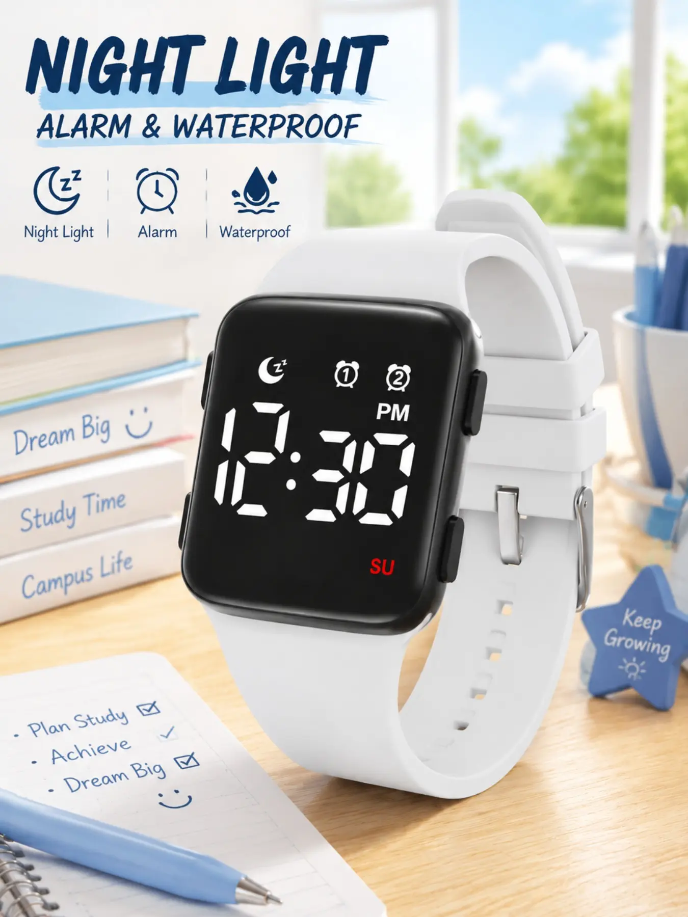 Children's digital watch, suitable for boys and girls, with large numerals, a water-resistant sports strap, glow-in-the-dark and weekly view features, and a comfortable strap—perfect for school and outdoor activities.