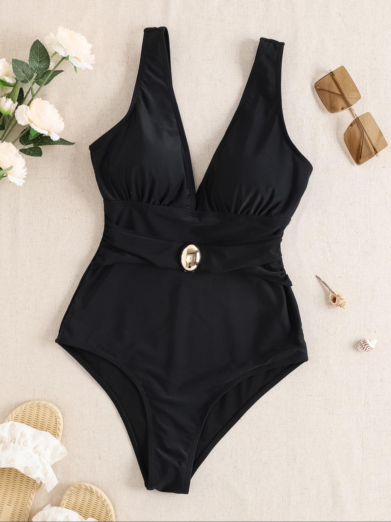 Women's Solid Color Cut Out Ring Linked One Piece Swimsuit, Summer Clothes Women, Deep V Neck One-Piece Swimwear, Ladies' Summer Beach Vacation Swimsuit