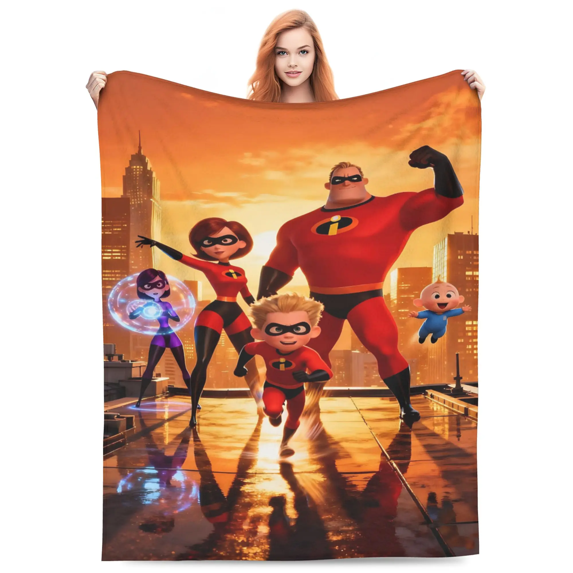 DISNEY CLASSIC The Incredibles Family Throw Blanket, Mr Incredible Elastigirl Violet Dash Jack-Jack City Sunset Print Flannel Fleece Blanket, Soft Lightweight Cozy Blanket for Sofa Bed Bedroom, Cartoon Movie Gift for Kids Boys Girls