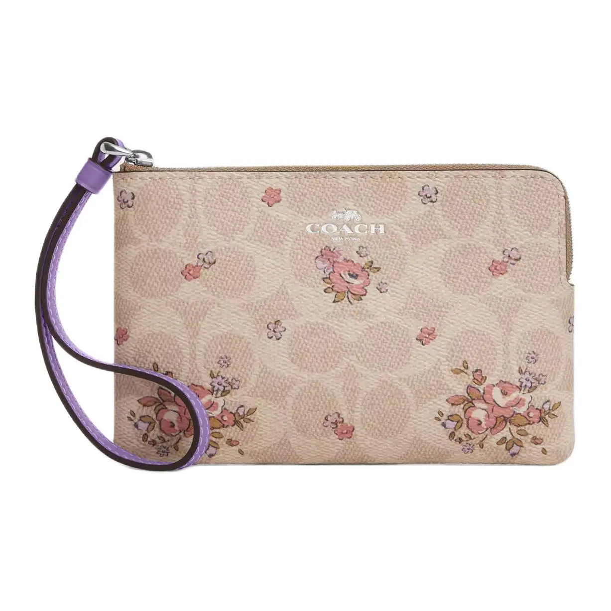 COACH Corner Zip 16 Floral Print Coated Canvas Clutch Bag for Women, Silver and Sand Multicolor